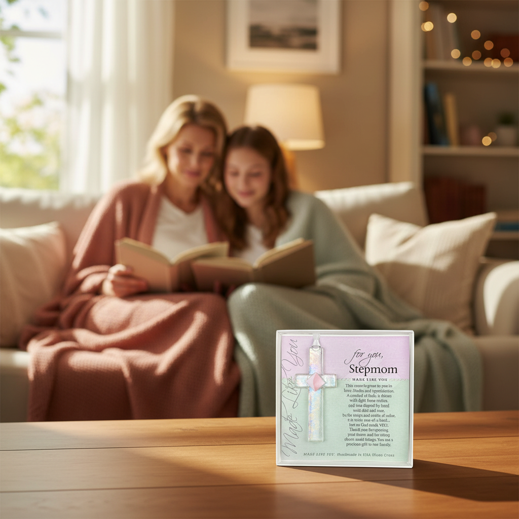 A stepmom and her stepdaughter reading on the sofa behind the Stepmom cross gift.