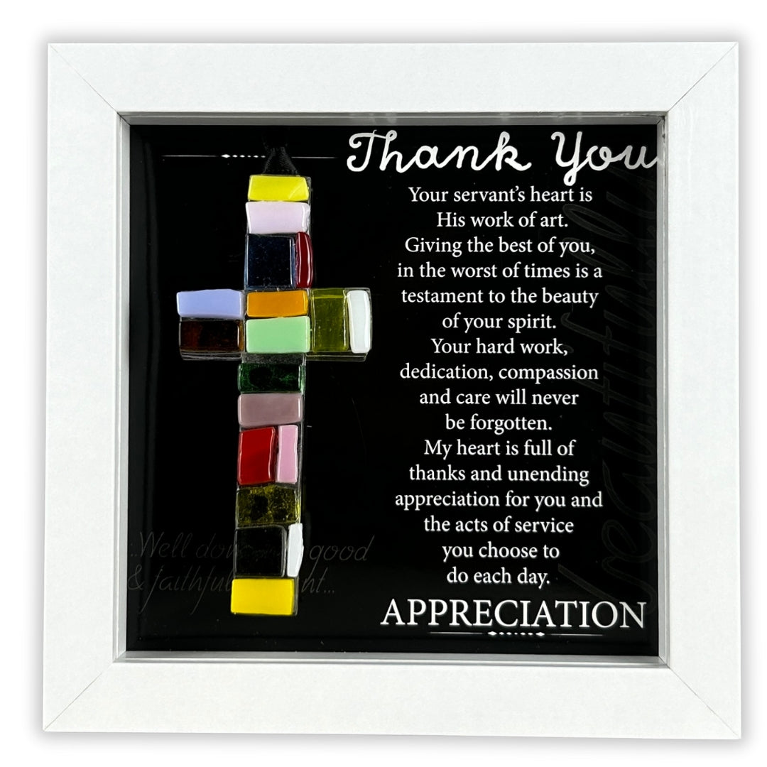 Handmade 4" mosaic glass cross and "Thank You" sentiment in white shadow box frame.