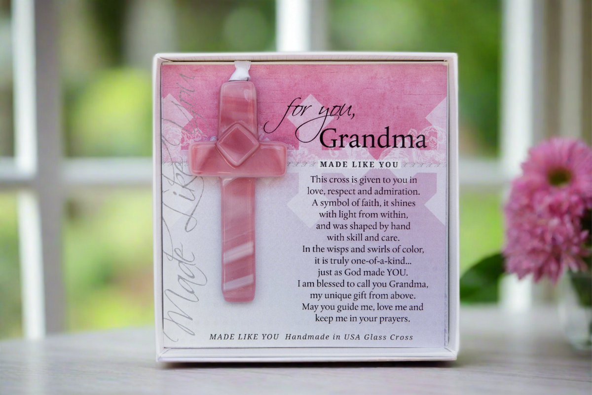 "For You, Grandma" cross gift on a table.