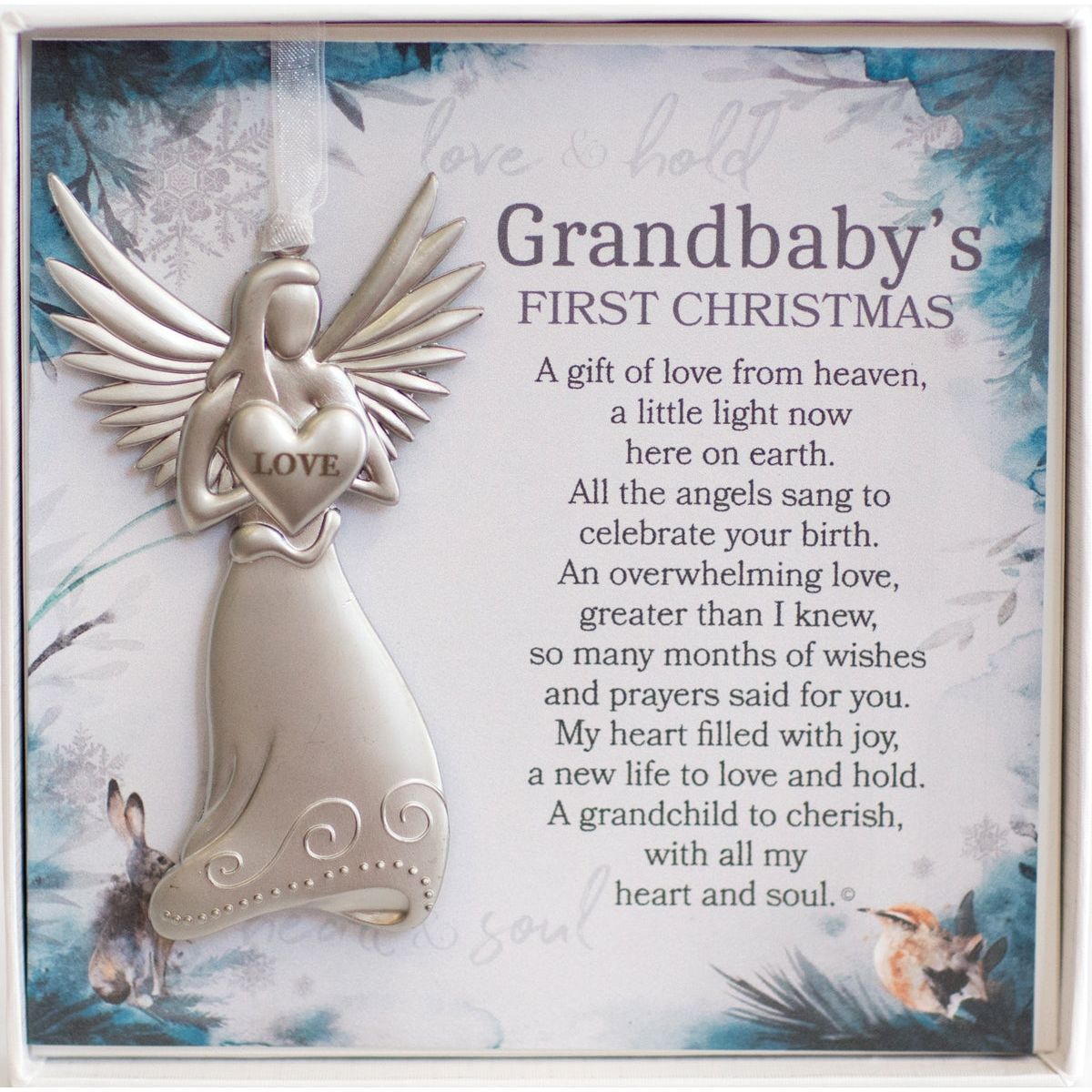 4&quot; metal love angel ornament with &quot;Grandbaby&#39;s First Christmas&quot; sentiment in white box with clear lid.