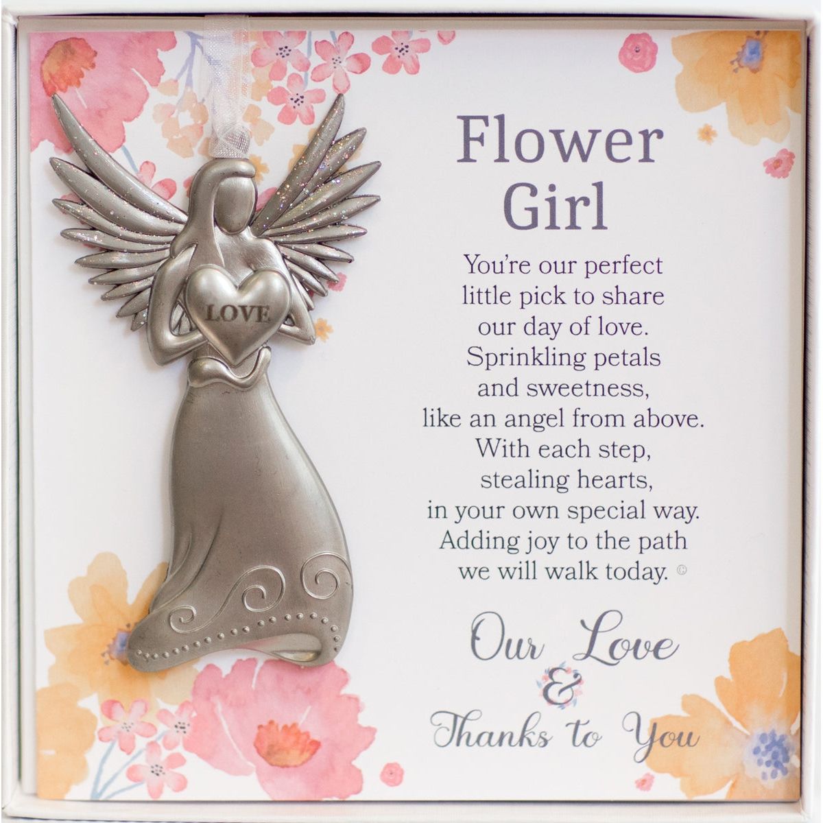 Flower Girl Gift - 4" metal love angel ornament with sparkle wings with "Flower Girl" poem in white box with clear lid.