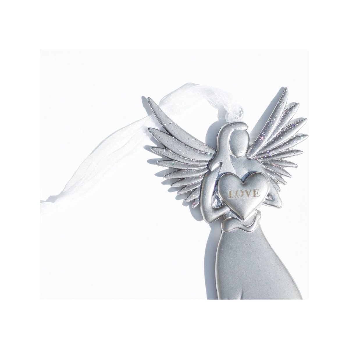 Detailed view of angel with sparkle wings holding a heart with the word &quot;LOVE&quot; engraved. Angel has white organza ribbon for hanging.