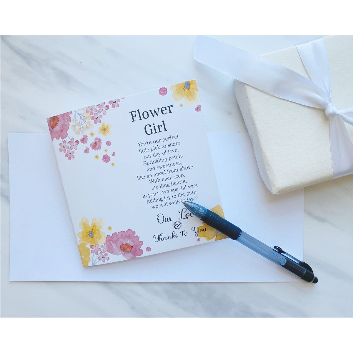High quality folded card for the giver to write a special note to the flower girl.