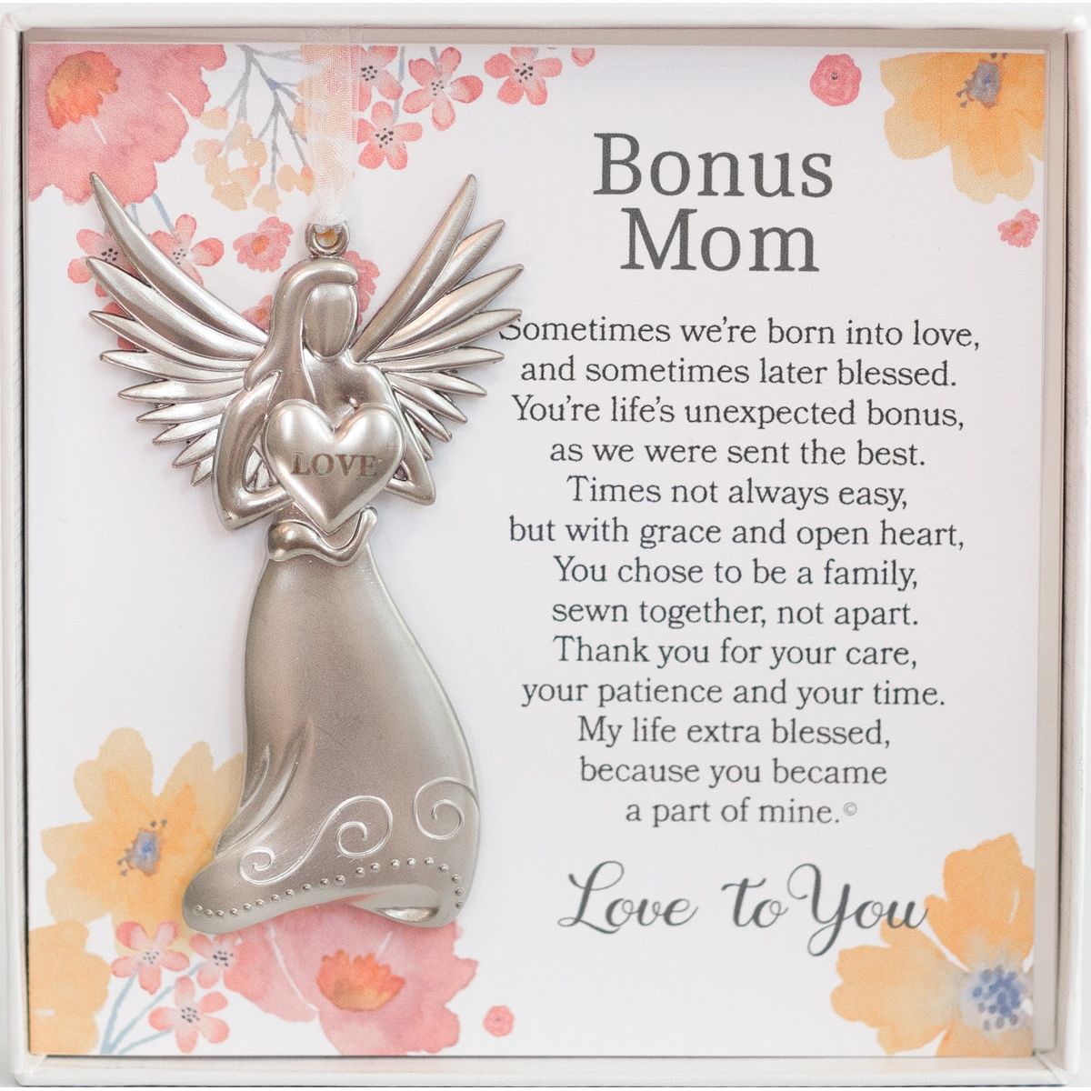 Stepmom Gift - 4&quot; metal love angel ornament with &quot;Bonus Mom&quot; poem in white box with clear lid.