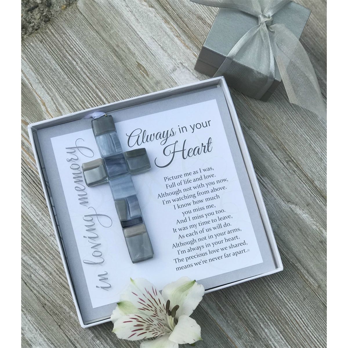 Always in Your Heart sympathy gift handmade 4" gray toned mosaic glass cross and sentiment card in white box with clear lid