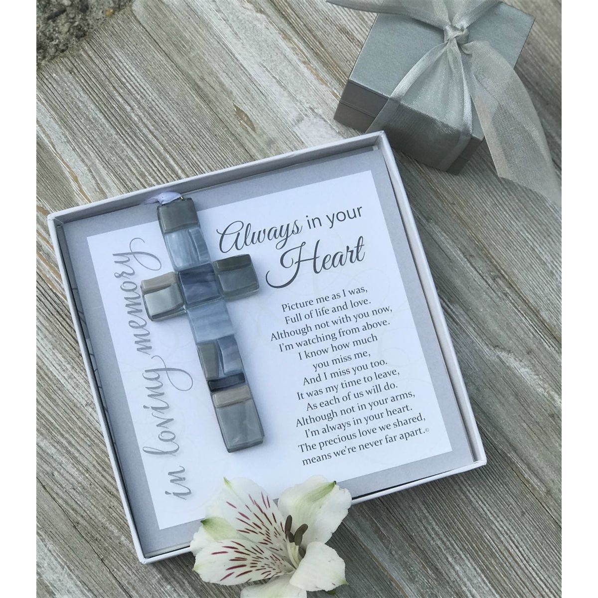 Always in Your Heart sympathy gift handmade 4" gray toned mosaic glass cross and sentiment card in white box with clear lid