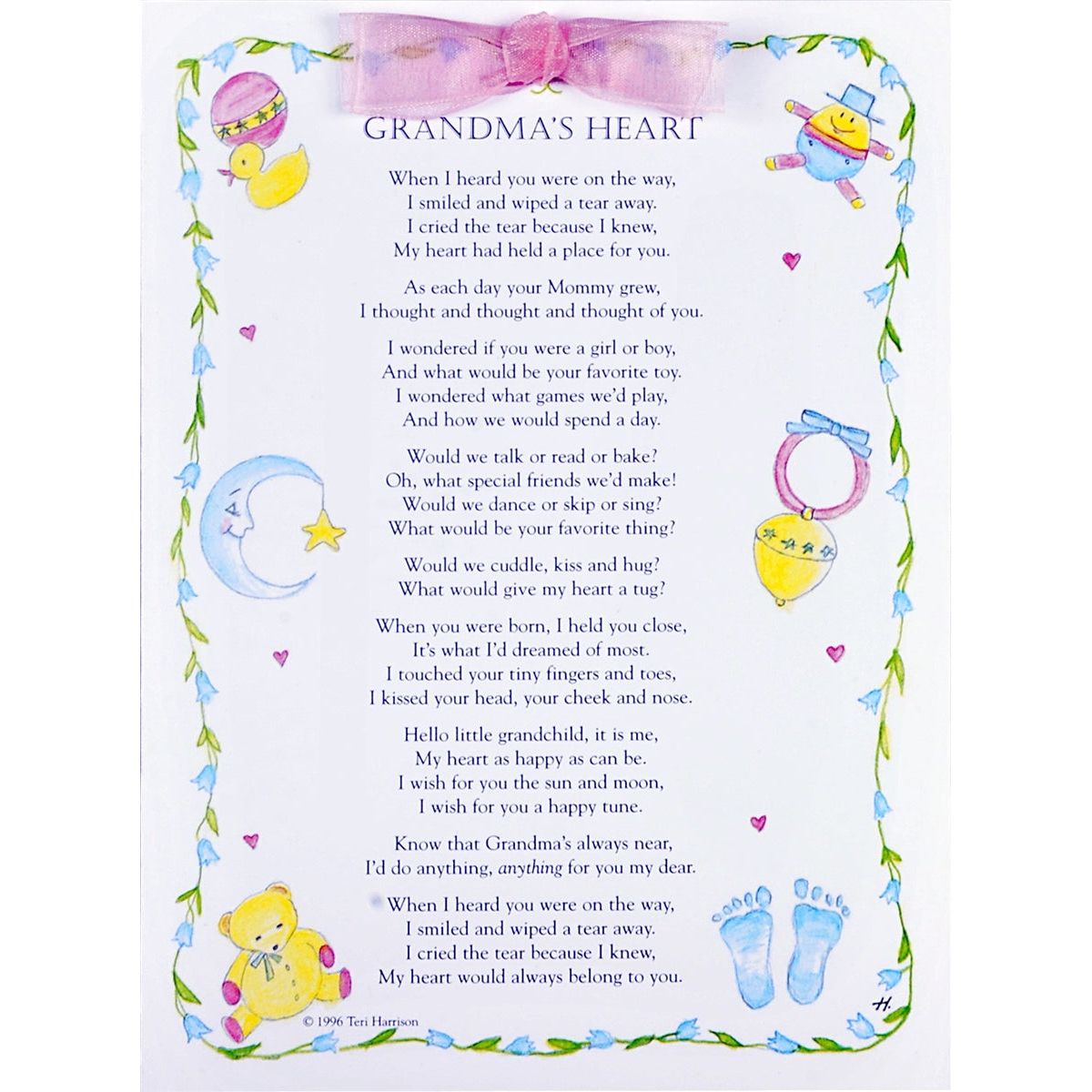 Grandma&#39;s Heart poem new baby greeting card 5x7 with envelope and pink organza accent ribbon.