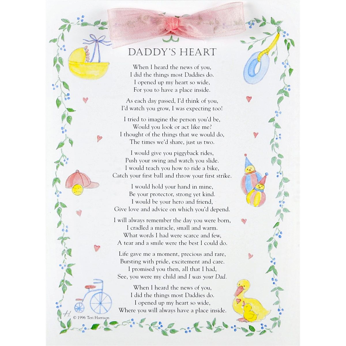Daddy's Heart poem new baby greeting card 5x7 with envelope and pink organza accent ribbon.