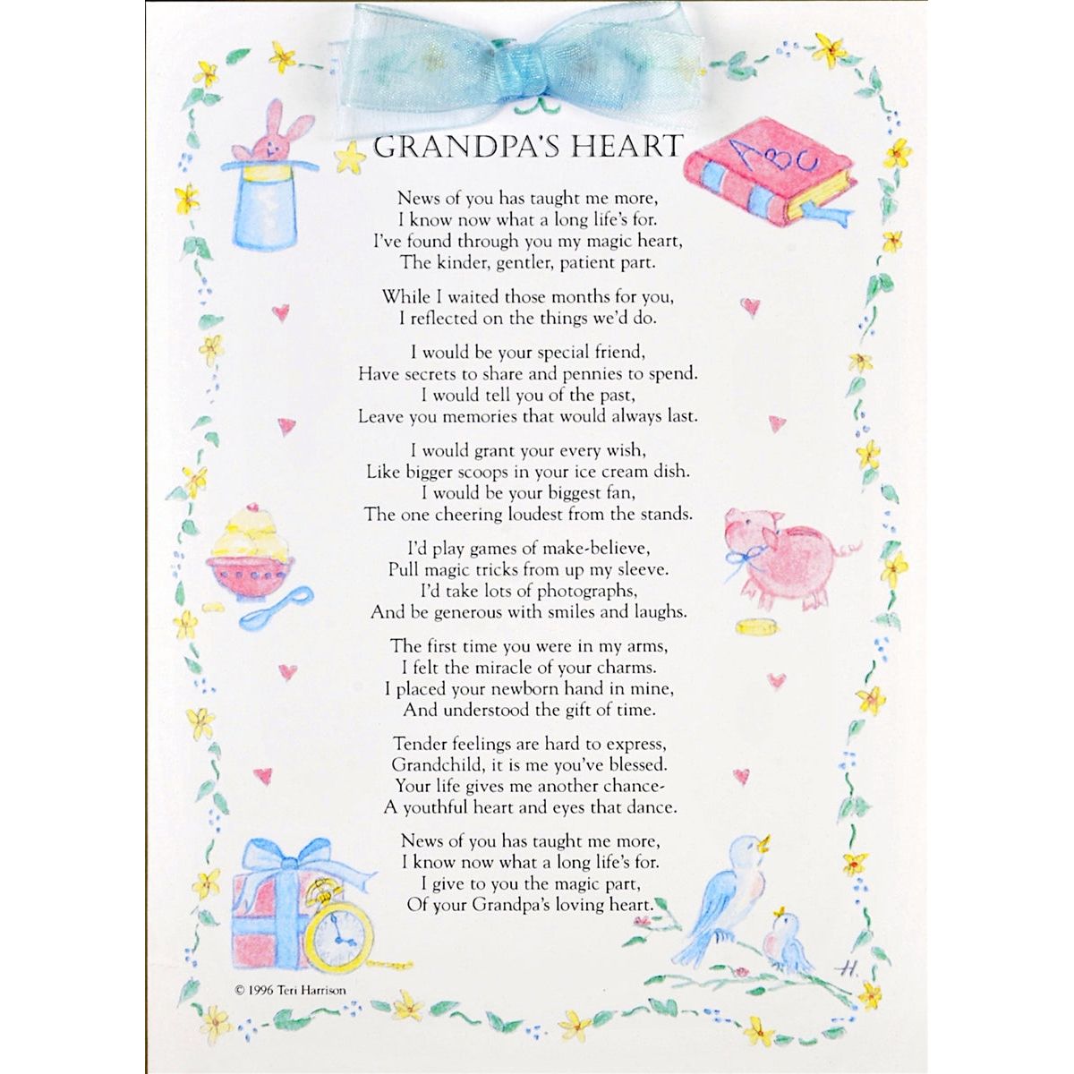 Grandpa's Heart poem new baby greeting card 5x7 with envelope and blue organza accent ribbon.