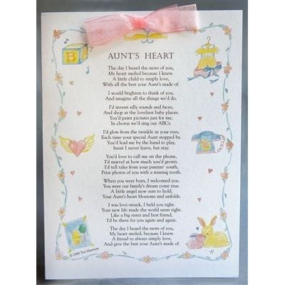 Aunt's Heart poem new baby greeting card 5x7 with envelope and pink organza accent ribbon.