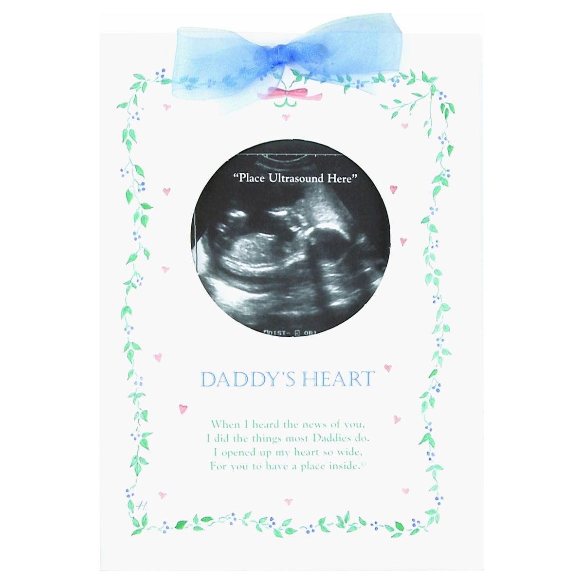 5x7 Daddy's Heart greeting card with new baby poem, blue organza accent ribbon, and circular opening for baby's ultrasound picture.