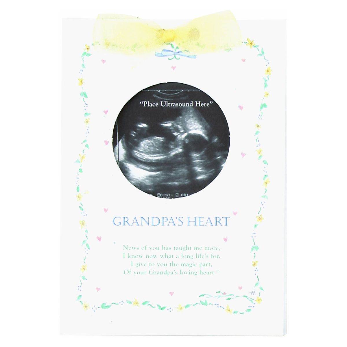 5x7 Grandpa&#39;s Heart greeting card with new baby poem, yellow organza accent ribbon, and circular opening for baby&#39;s ultrasound picture.