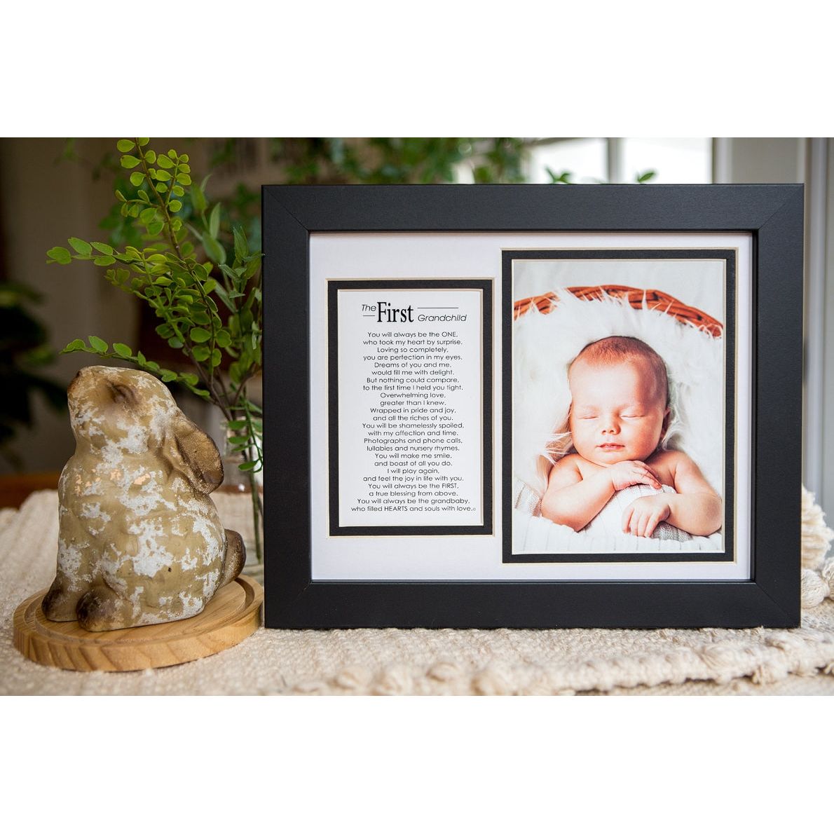 First Grandchild frame and poem featuring a baby photo.