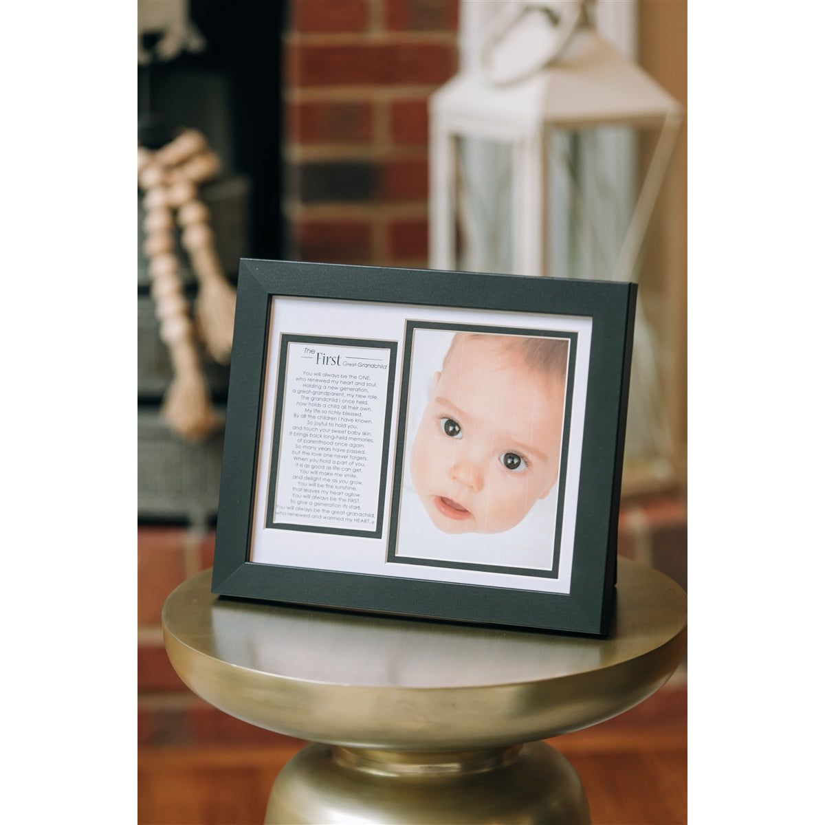First Great-Grandchild frame sitting on an end table.