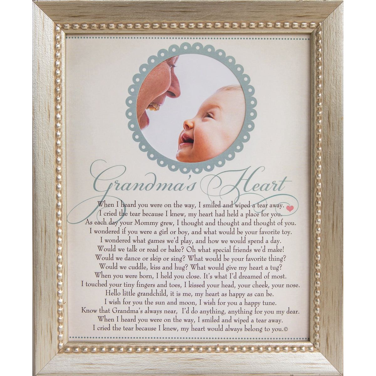 8x10 silver toned beaded wood frame with "Grandma's Heart" poem.