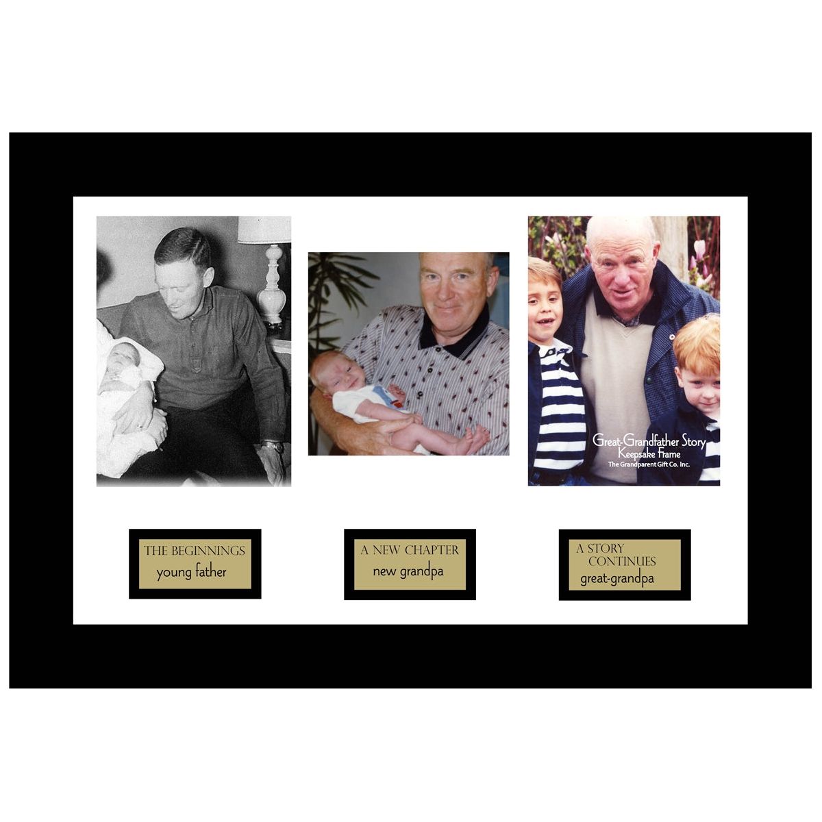 8x12 black frame for wall or table display with 3 spaces and captions for photos for a Great-Grandpa's life story.