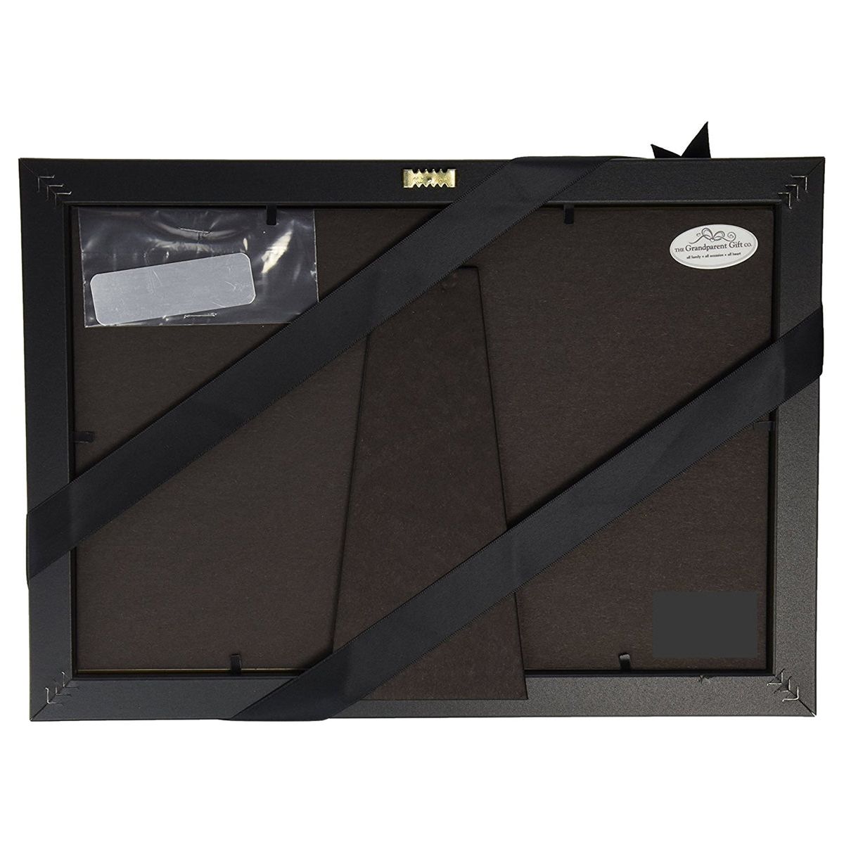 Back of frame showing easel back, sawtooth hanger, and optional engravable plaque.