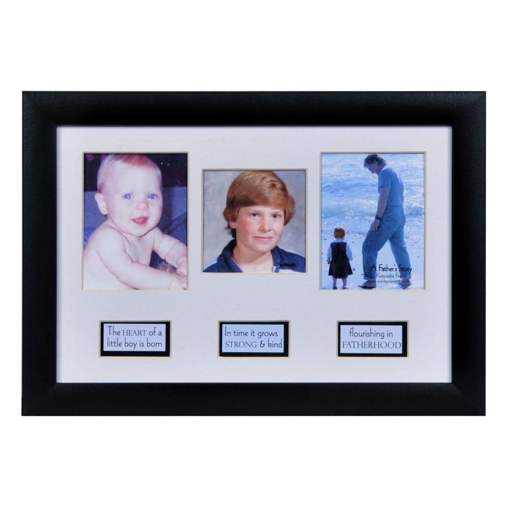 8x12 black frame for wall or table display with 3 spaces and captions for photos for a father&#39;s life story.