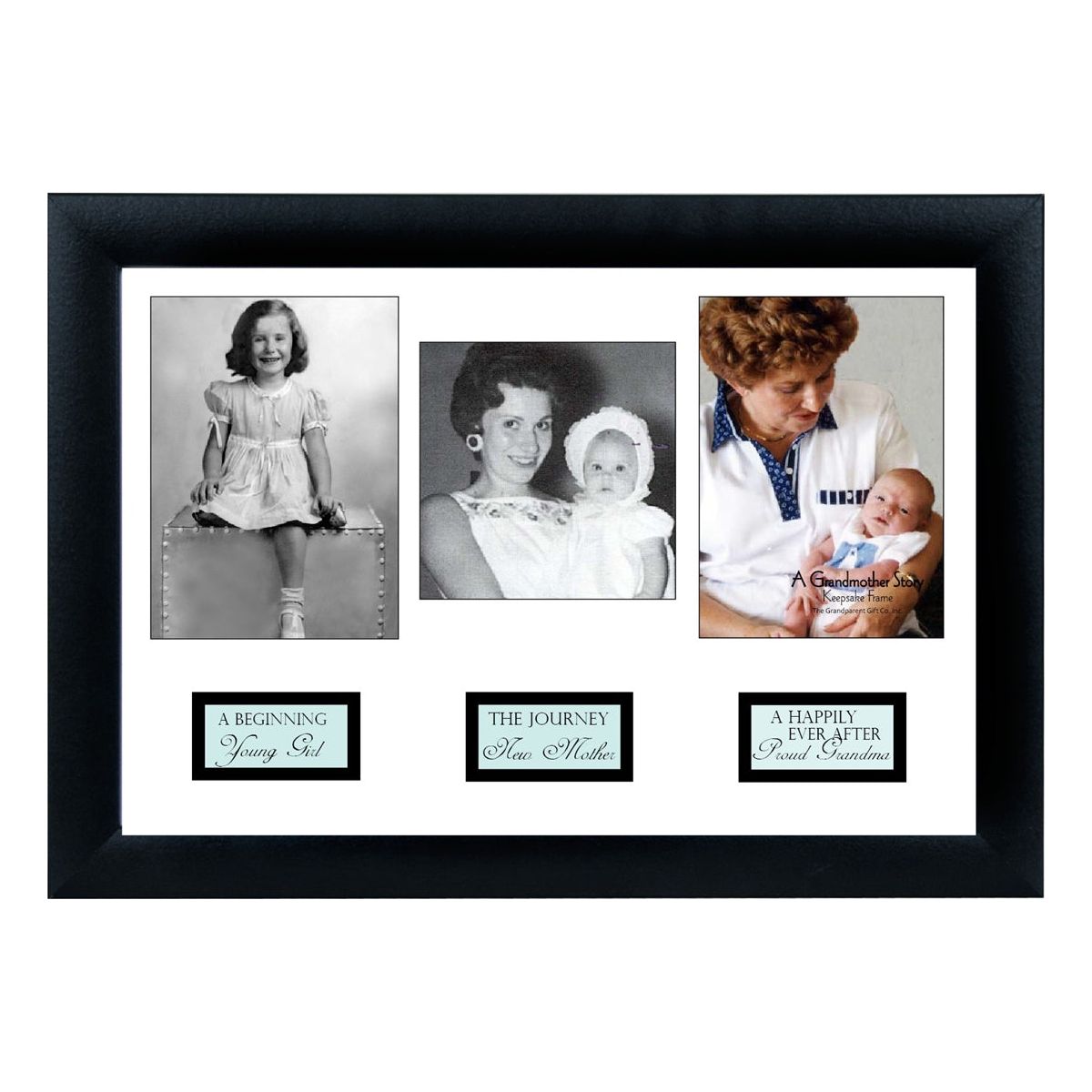 8x12 black frame for wall or table display with 3 spaces and captions for photos for a Grandma&#39;s life story.