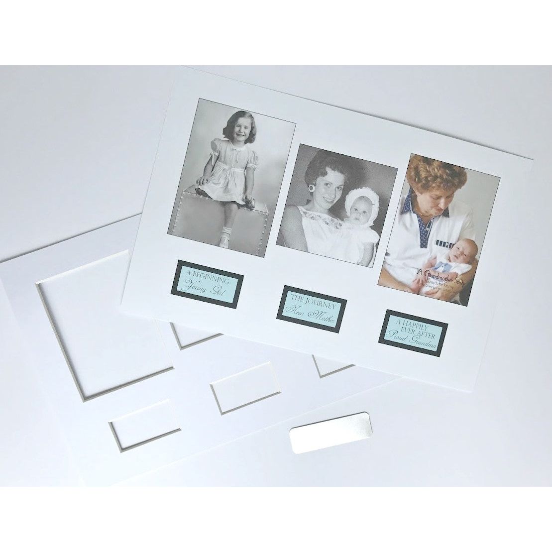 Grandma&#39;s Life Story frame includes sentiment, a mat with spaces for three photos, and an optional engravable plaque.