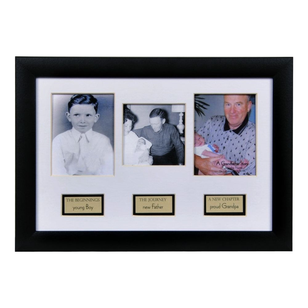 8x12 black frame for wall or table display with 3 spaces and captions for photos for a Grandpa&#39;s life story.