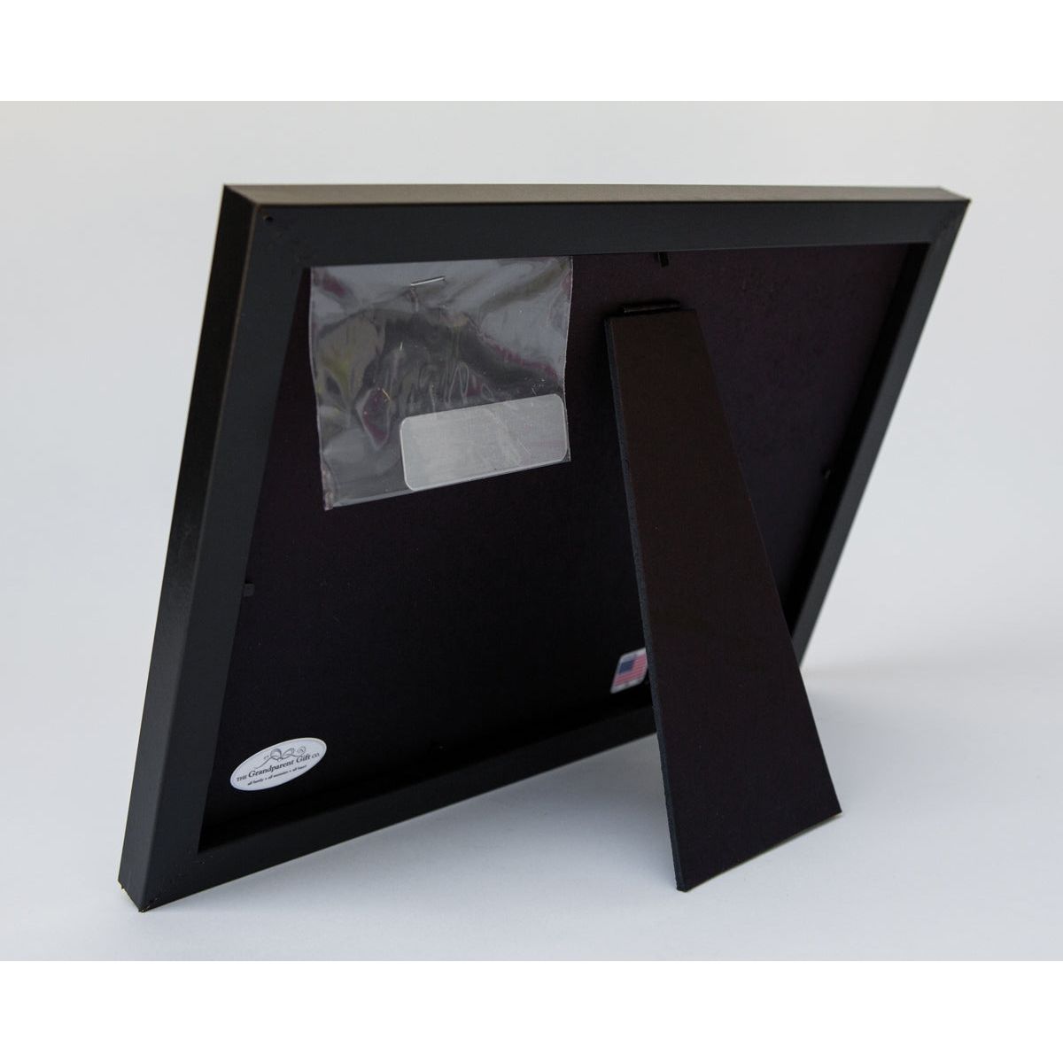 Back of frame showing easel back, sawtooth hanger, and optional engravable plaque.