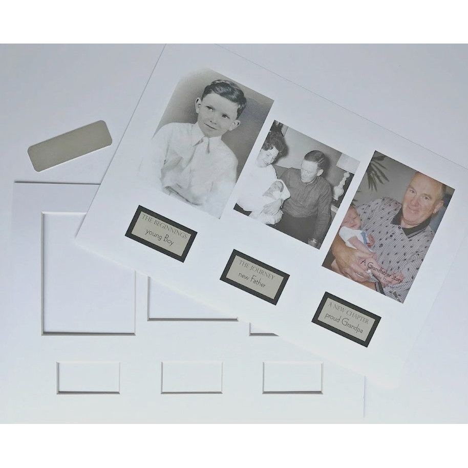 Grandpa&#39;s Life Story frame includes sentiment, a mat with spaces for three photos, and an optional engravable plaque.
