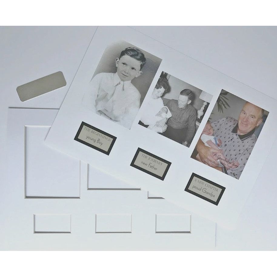 Grandpa's Life Story frame includes sentiment, a mat with spaces for three photos, and an optional engravable plaque.