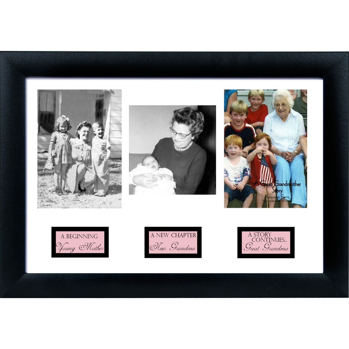 8x12 black frame for wall or table display with 3 spaces and captions for photos for a Great-Grandma&#39;s life story.