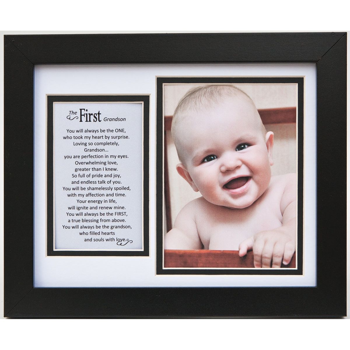 8x10 black frame with white and black double mat, includes "First Grandson" poem and space for photo.