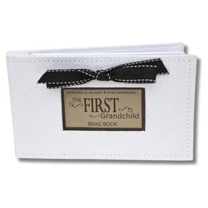 1 of 5:White faux suede photo album with black grosgrain ribbon bow and a window with sentiment artwork showing.