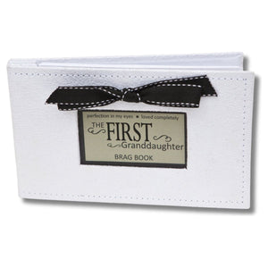 1 of 5:White faux suede photo album with black grosgrain ribbon bow and a window with sentiment artwork showing.