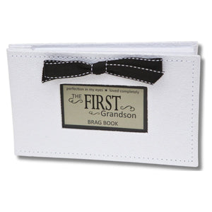 1 of 5:White faux suede photo album with black grosgrain ribbon bow and a window with sentiment artwork showing.