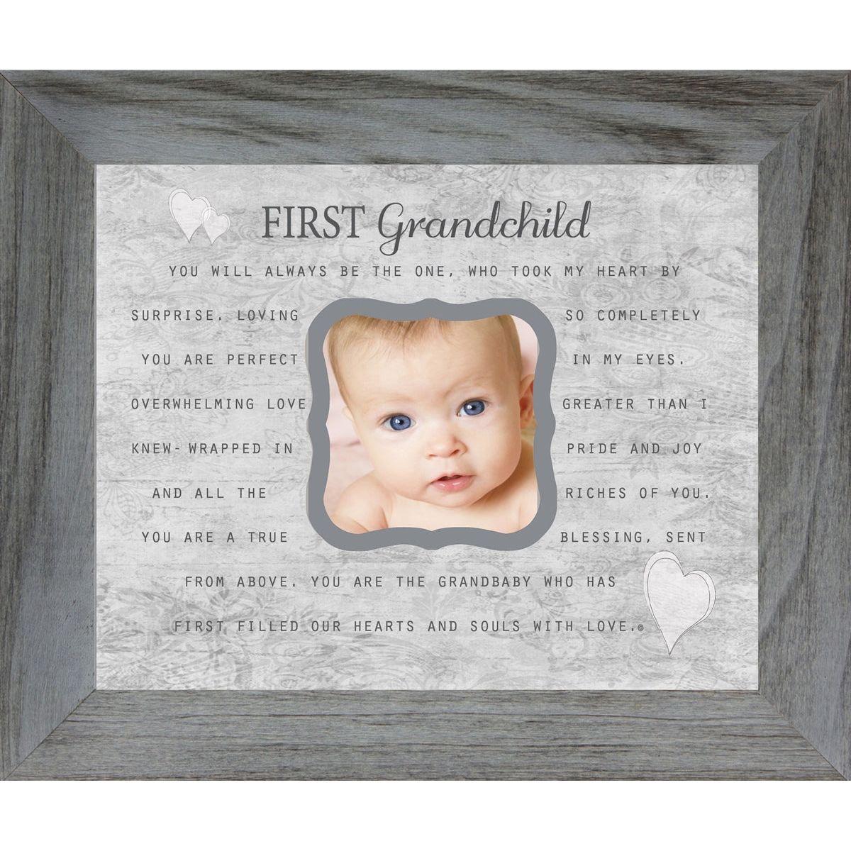 8x10 distressed gray real wood frame. Gray artwork with "First Grandchild" poem.  Artwork has a cut out for a photo.