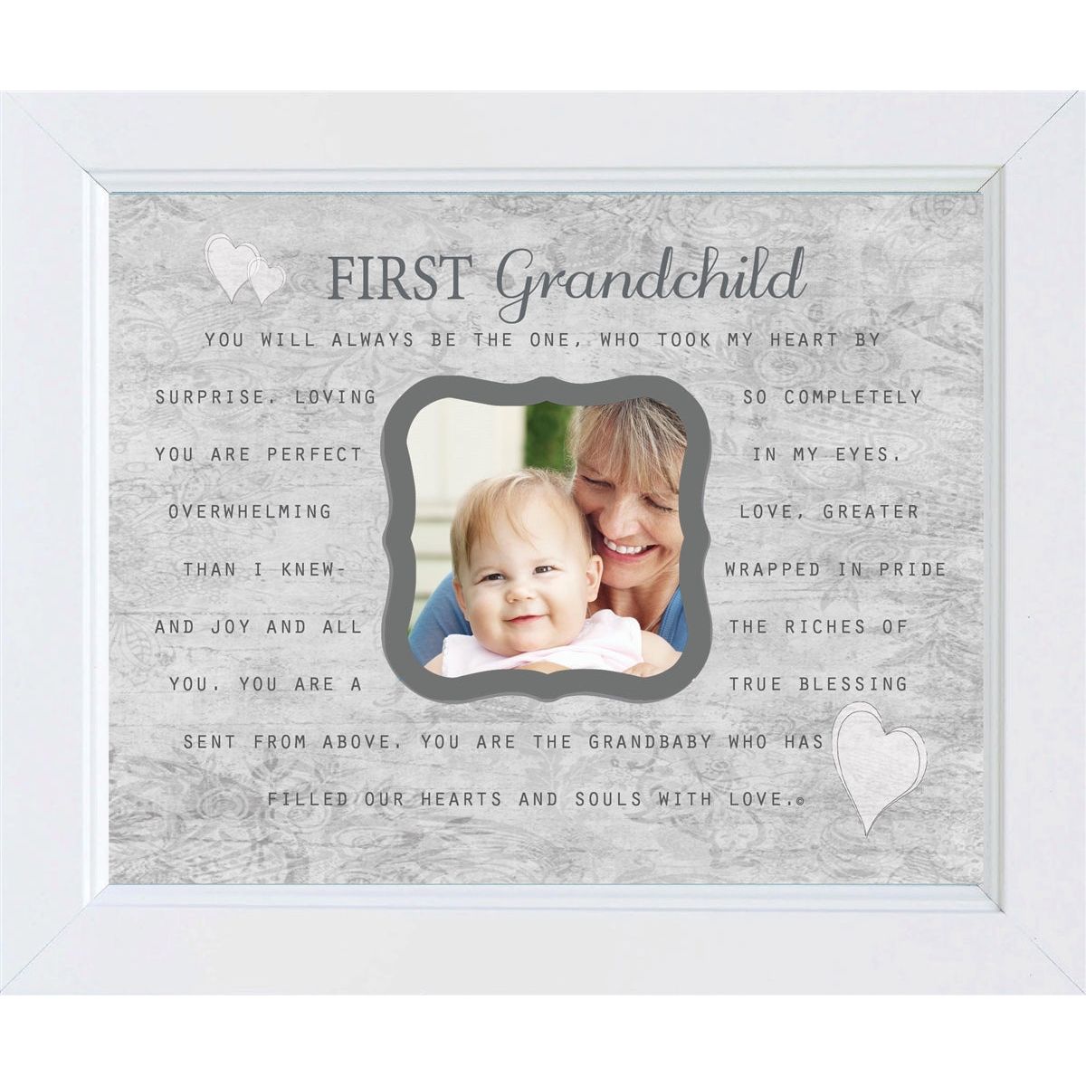 8x10 white frame. Gray artwork with &quot;First Grandchild&quot; poem.  Artwork has a cut out for a photo.