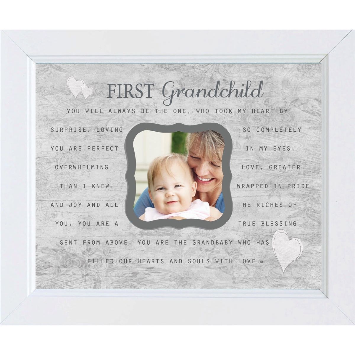 8x10 white frame. Gray artwork with "First Grandchild" poem. Artwork has a cut out for a photo.
