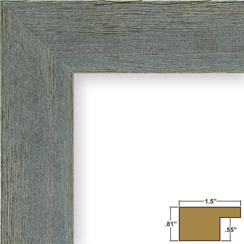 Detailed view of corner of distress gray frame.