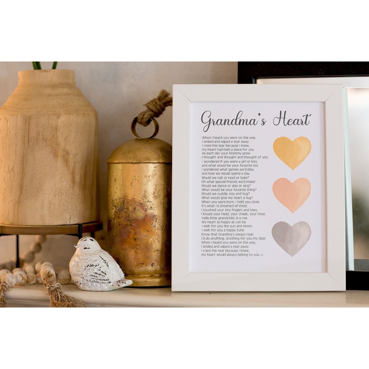 8x10 white frame with "Grandma's Heart" poem with boho artwork.