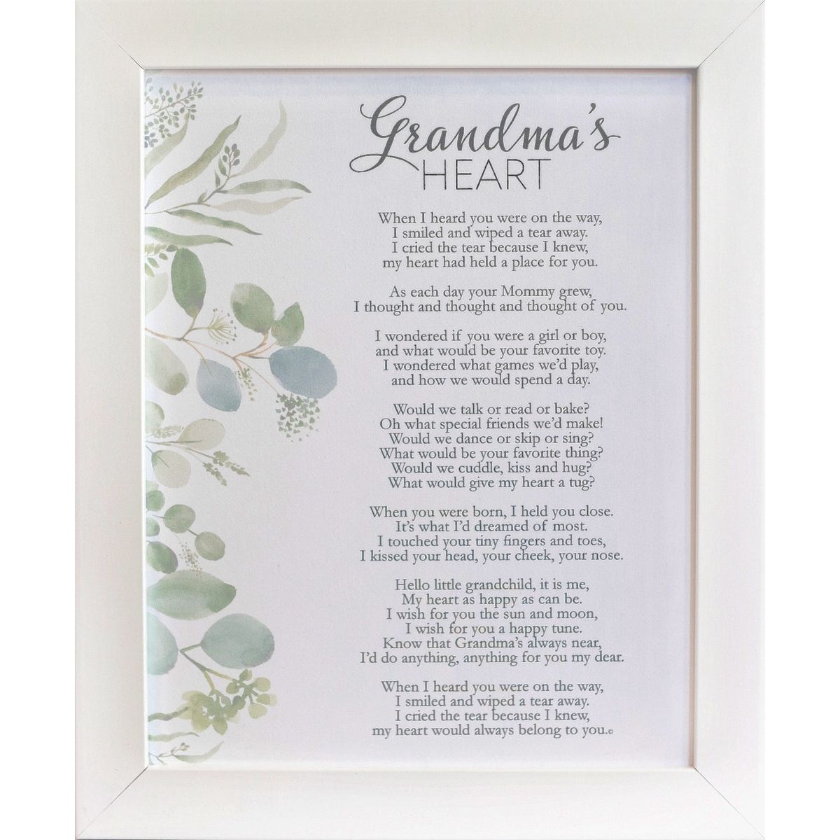8x10 white frame with "Grandma's Heart" poem with floral artwork.