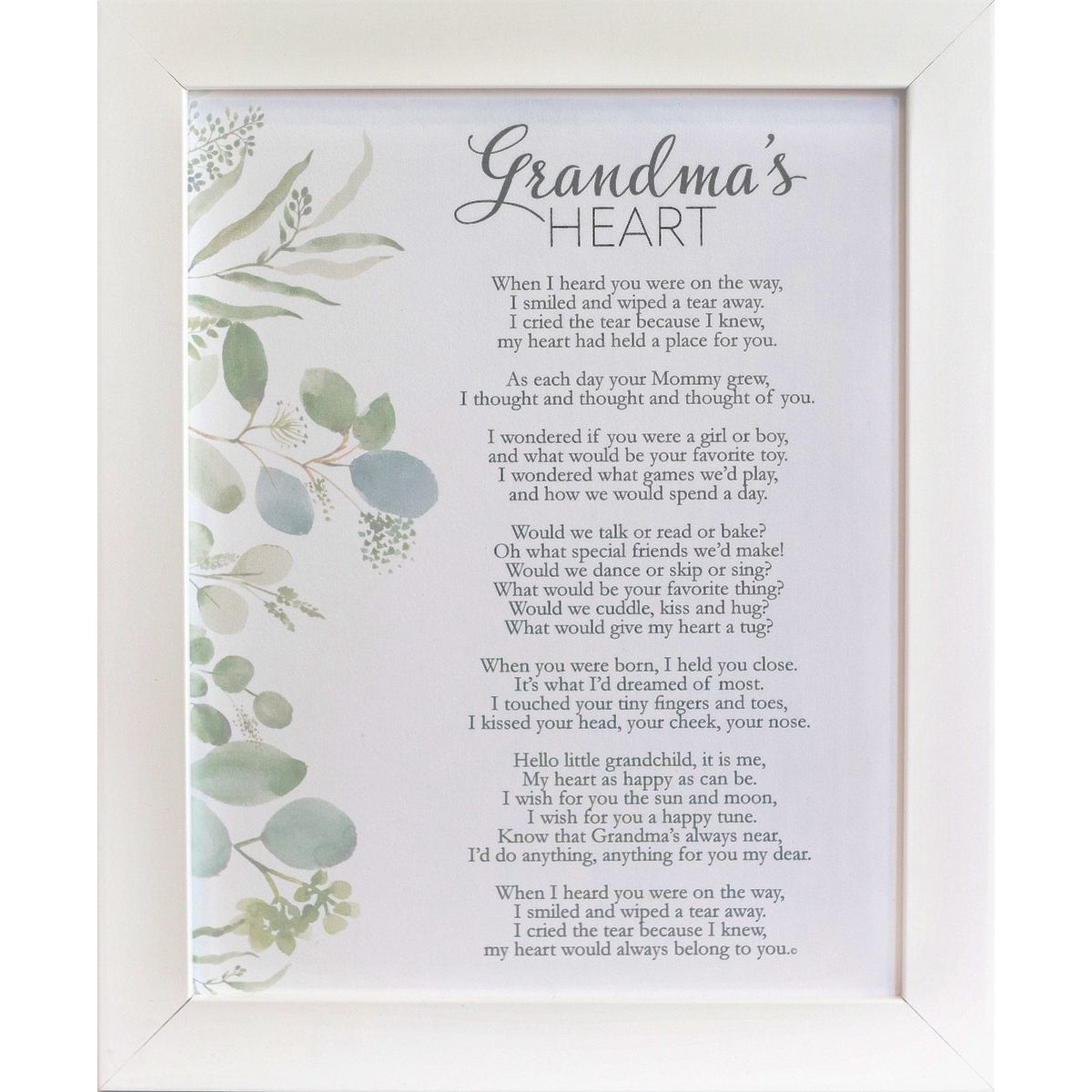 8x10 white frame with personalized "Grandma's Heart" poem with floral artwork.