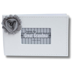 1 of 7:White faux suede photo album with gray fabric flower and a window with sentiment artwork showing.