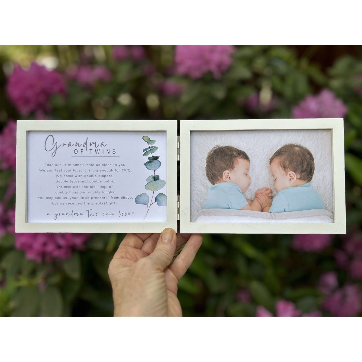 Grandma of Twins photo frame being held in a hand.