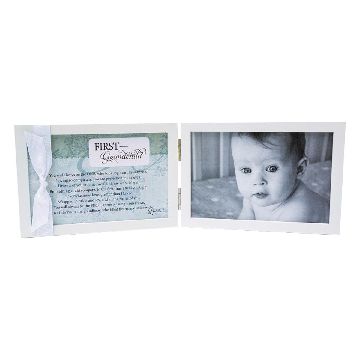 White 4x6 double wood frame with First Grandchild sentiment and grosgrain ribbon on the left and space for a photo on the right. 