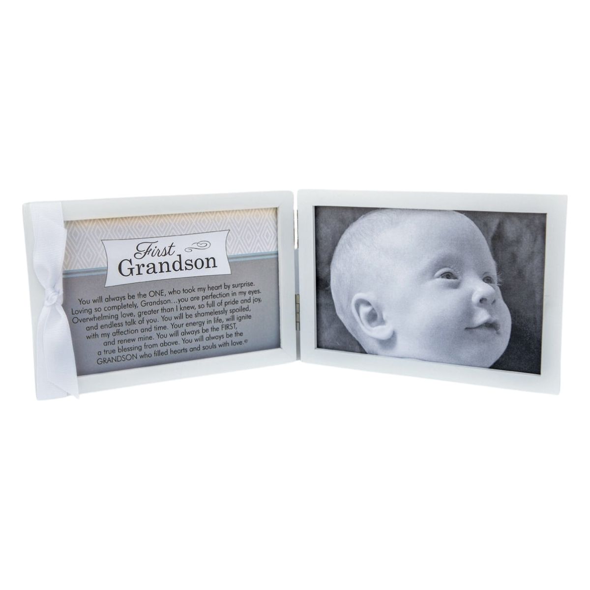 White 4x6 double wood frame with First Grandson sentiment and grosgrain ribbon on the left and space for a photo on the right.