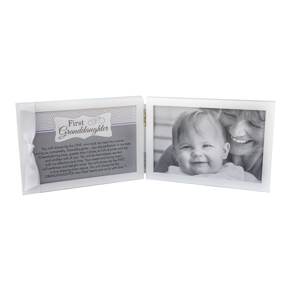 White 4x6 double wood frame with First Granddaughter sentiment and grosgrain ribbon on the left and space for a photo on the right.