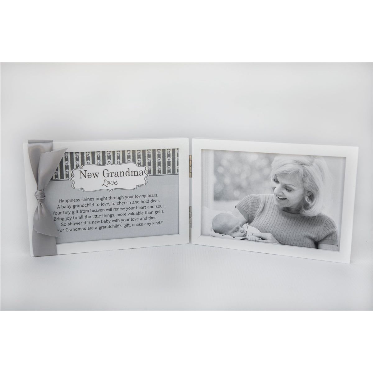 White 4x6 double wood frame with "New Grandma Love" sentiment and gray satin ribbon on the left and space for a photo on the right.