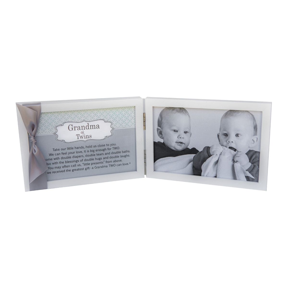 White 4x6 double wood frame with &quot;Grandma of Twins&quot; sentiment and gray satin ribbon on the left and space for a photo on the right.