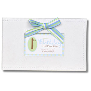 1 of 5:White faux suede keepsake 1st Birthday photo album with grosgrain bow.
