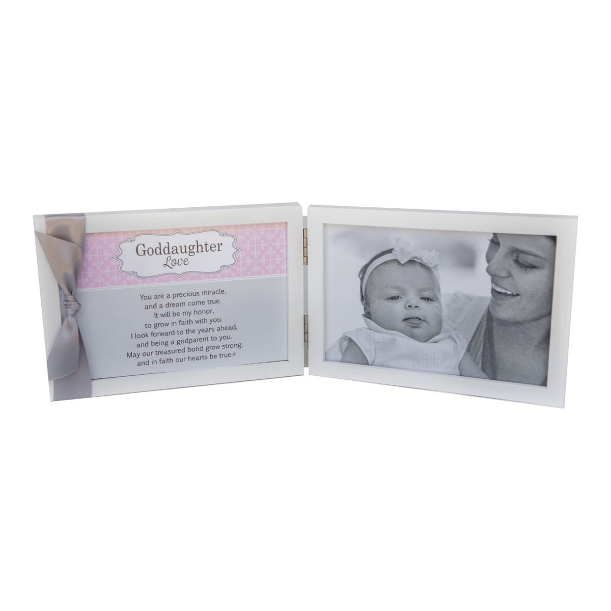 White 4x6 double wood frame with "Goddaughter Love" sentiment and gray satin ribbon on the left and space for a photo on the right.