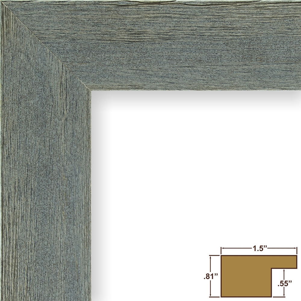 Detailed view of distressed gray frame. Showing frame thickness. .81" deep, 1.5" thick, with a .55" inset.